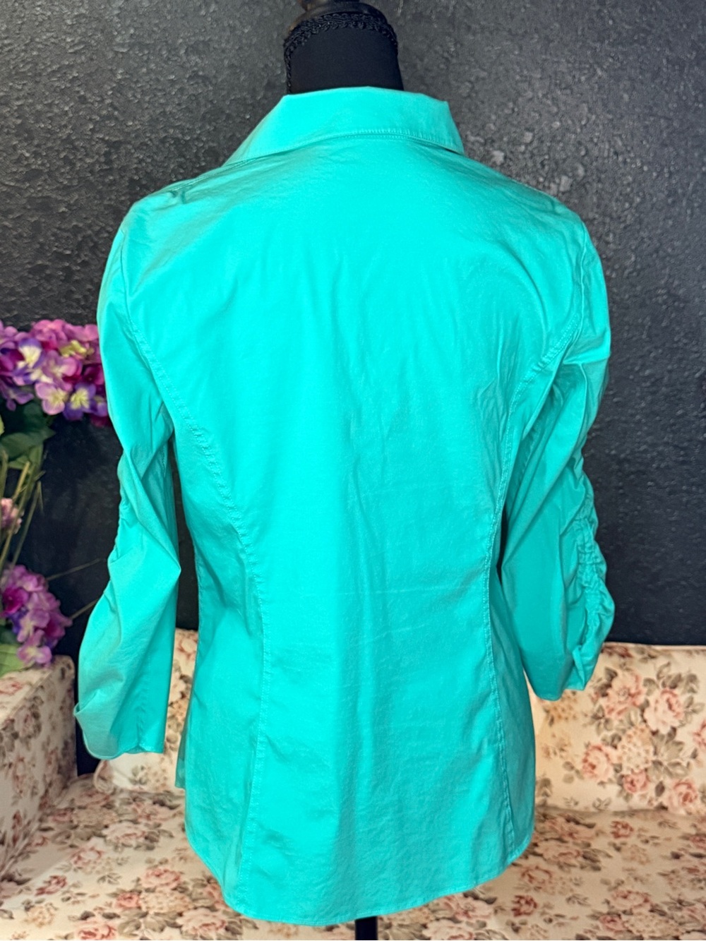 Lafayette 148 New York Ruched Front Button-Down Shirt - Teal - Picture 7 of 8
